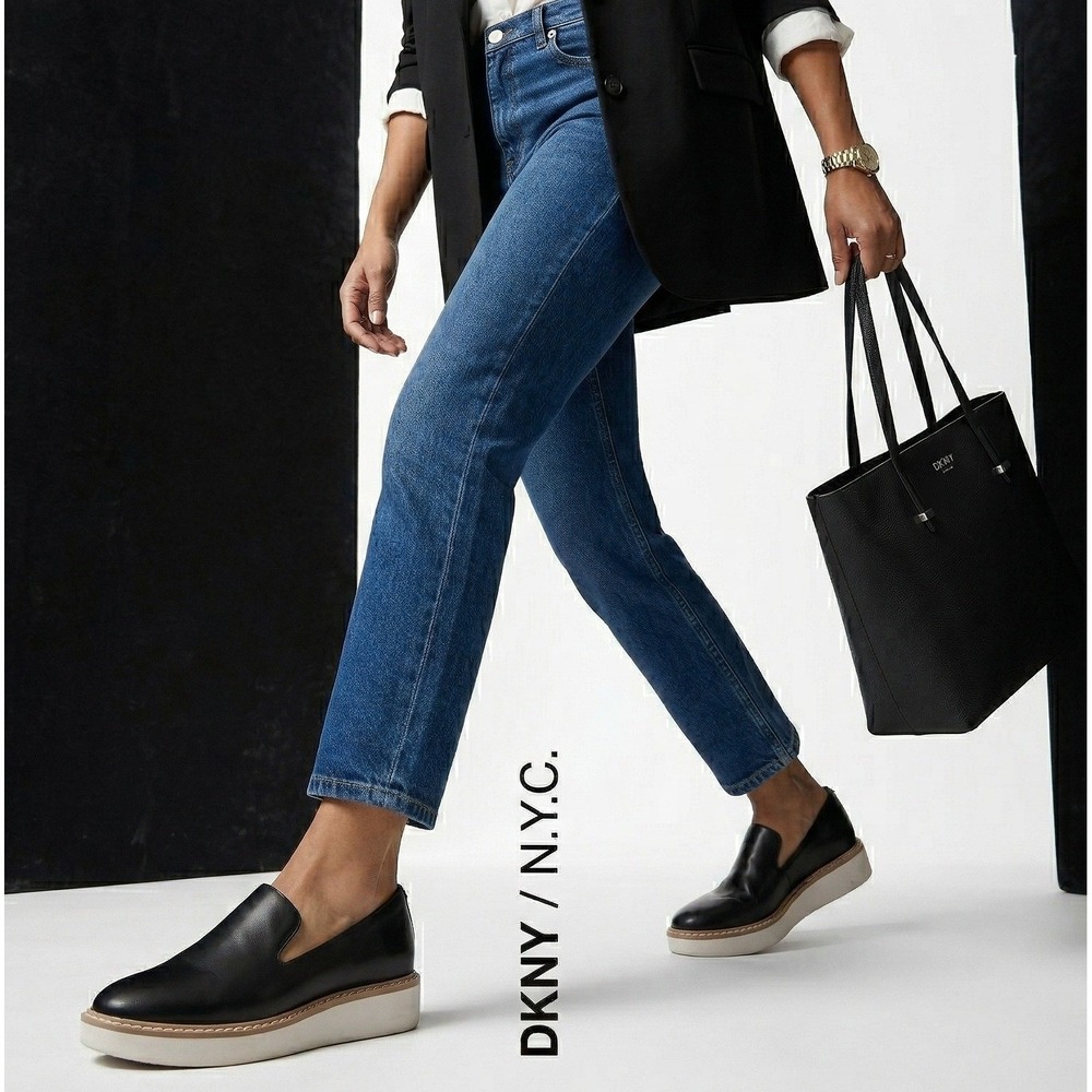 DKNY Womens Black Leather Platform Slip On‎ Sneakers Size 9 Loafers Almond Toe